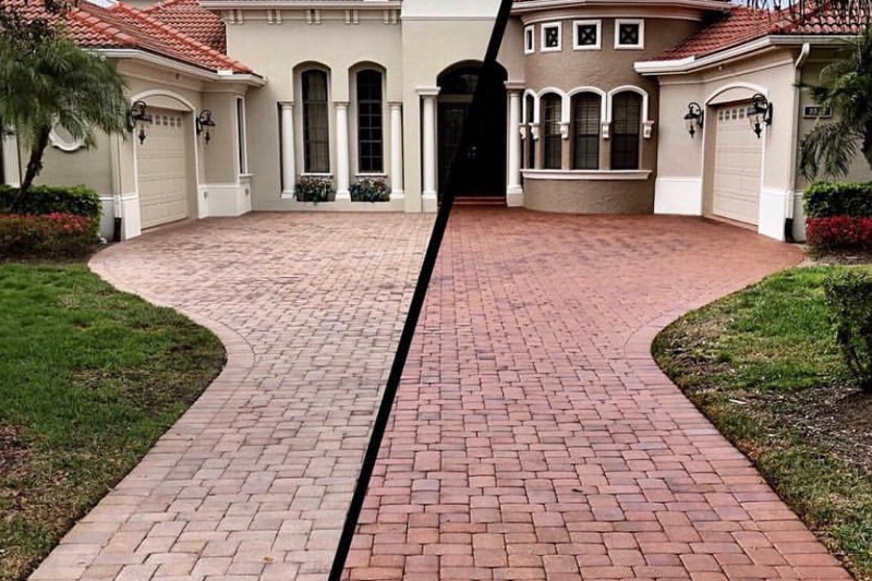 Before and after image of a sealed paver driveway