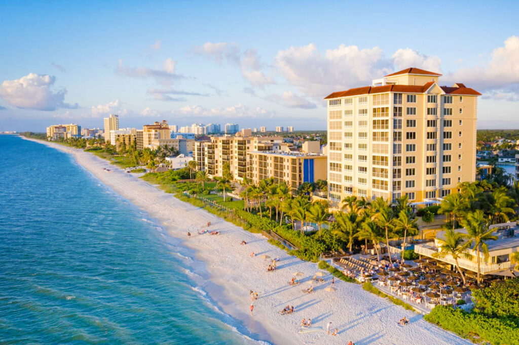 Photorealistic image of the Vanderbilt Florida beachfront showing condos and high-rises lined up in a row