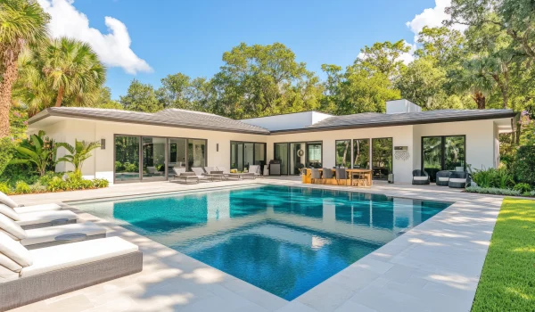 Photorealistic image of a recently painted pool deck area.